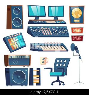 Studio sound recording equipment set isolated on white background. Mounting control panel equalizer and monitors, synthesizer, microphone , dynamics, Stock Vector