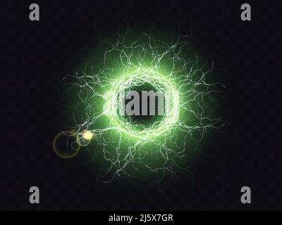 Electric ball, lightning plasma sphere, circle strike impact place in green color with lens flare effect isolated on black background. Powerful electr Stock Vector