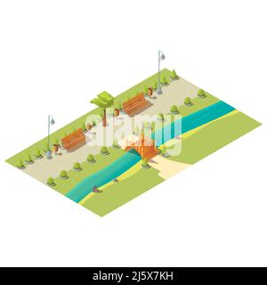 Isometric park with benches, trees, bushes, wooden bridge above river and litter bins. City street architecture low poly design element isolated on wh Stock Vector