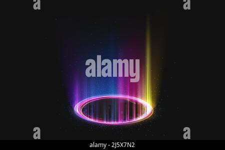Magic rainbow portal on night scene. Neon circle digital hologram with colored light rays and sparkles. Realistic beam stage. Glowing futuristic telep Stock Vector