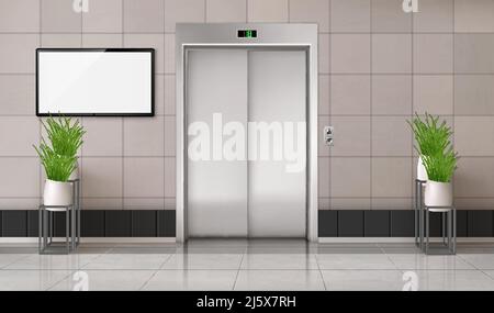 Office hallway with closed elevator door and TV screen on the wall. Vector realistic interior with lift, plants in white pots and blank computer monit Stock Vector