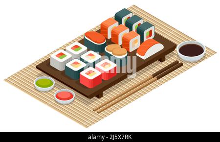 Isometric Sushi Rolls with Salmon, Avocado, Cream Cheese. Seafood Set Isolated Rolls on White Background. Sushi Menu. Japanese Food. Stock Vector