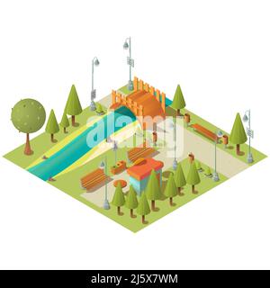 Isometric landscape of city green park with fast food kiosk. Town garden with grass lawns, benches and bridge over river. Vector 3d map of public recr Stock Vector