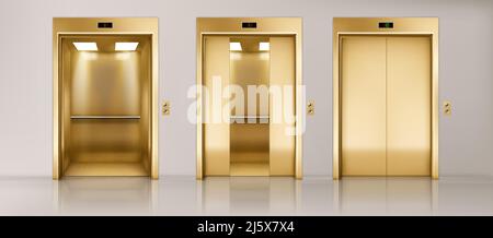 Golden lift doors. Office hallway with closed, half closed and open elevator cabins. Vector realistic empty interior with passenger or cargo lifts wit Stock Vector