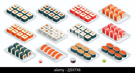 Isometric Sushi Rolls with Salmon, Avocado, Cream Cheese. Seafood Set Isolated Rolls on White Background. Sushi Menu. Japanese Food. Stock Vector