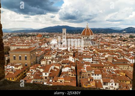 FLORENCE, ITALY - SEPTEMBER 18, 2018: This is a view of the city and the cathedral from the height of the Arnolfo Tower. Stock Photo