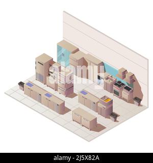Empty isometric interior of restaurant kitchen. Vector flat illustration with sink, fridge and other cuisine equipment for professional cooking food i Stock Vector