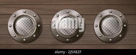 Transparent ship portholes on wooden wall. Vector realistic background of shipboard interior with metal brass round windows illuminators with rivets Stock Vector