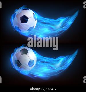 Flying soccer ball in blue fire isolated on black background. Vector realistic symbol of football in plasma flame with sparks. Template for poster, ba Stock Vector