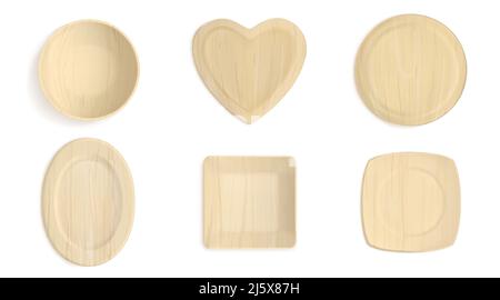 Empty wooden different shapes bowls top view. Realistic vector mockup of square, round and heart shaped plates. Set of timber crockery isolated on whi Stock Vector