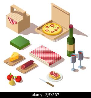 Isometric picnic set with food, pizza box, wine and basket. Vector 3d icons of fresh meal, fruits, bottle with glasses and tablecloth for dinner or lu Stock Vector