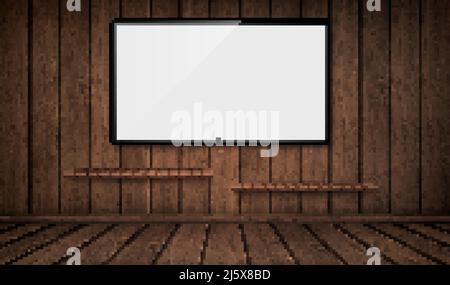 Empty wooden room with wide tv screen and bookshelves. Vector realistic blank lcd monitor panel on wooden wall. Interior design of house or studio ind Stock Vector