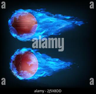 Flying cricket ball in blue fire isolated on black background. Vector realistic stitched leather ball in plasma flame with sparks. Template for poster Stock Vector