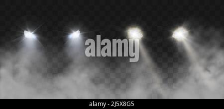 Car headlights shining on road in fog at night. Vector realistic set of front triangle lamps flares and glow beams in darkness with smoke isolated on Stock Vector