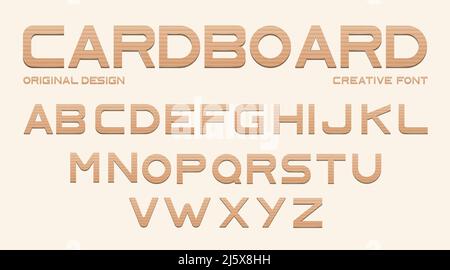 Cardboard font, alphabet from brown craft paper. Vector type from corrugated carton, uppercase letters cut from box isolated on background. Typography Stock Vector