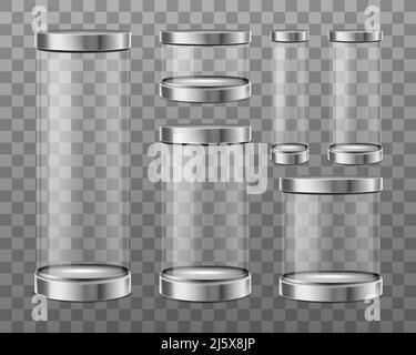 Empty cylinder capsule, clear showcase isolated on transparent background. Vector mockup of round boxes different sizes with steel caps, blank circle Stock Vector