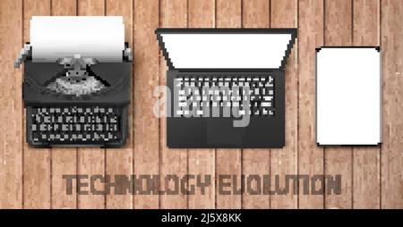 Technology evolution from vintage typewriter to modern laptop and tablet. Vector concept illustration of progress electronic gadgets to computer with Stock Vector