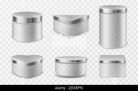 Glass jar with metal lid isolated on transparent background. Vector realistic mockup of empty clear plastic bottles for jam, tea, coffee or cream. Set Stock Vector