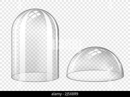 Glass dome, clear plastic bell jar isolated on transparent background. Vector realistic mockup of empty protection cover, hemisphere and cylinder shap Stock Vector