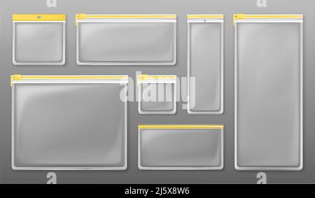 Transparent plastic zipper bags isolated on gray background. Vector set of empty clear pockets sealed by yellow ziplock. Realistic mockup of different Stock Vector