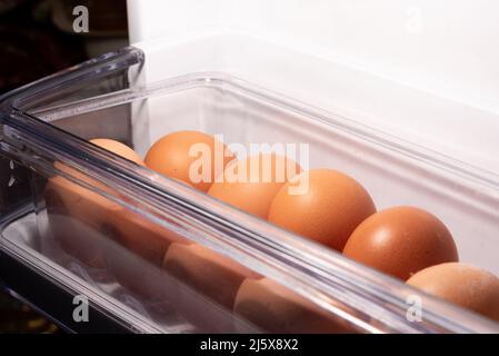 Eggs in the refrigerator arranged in rows. Low temperature storage of eggs. The structure of the shell in close-up. Stock Photo
