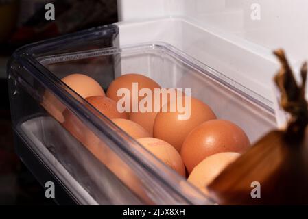 Eggs in the refrigerator arranged in rows. Low temperature storage of eggs. The structure of the shell in close-up. Stock Photo
