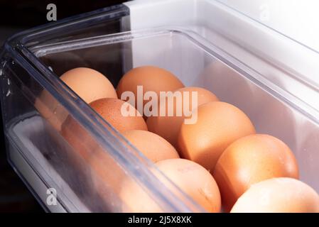 Eggs in the refrigerator arranged in rows. Low temperature storage of eggs. The structure of the shell in close-up. Stock Photo