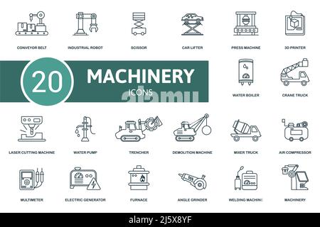 Machinery icon set. Contains editable icons machinery theme such as industrial robot, car lifter, 3d printer and more. Stock Vector
