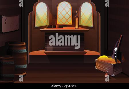 Pirate capitan ship cabin. Vector cartoon illustration of wooden room interior with bottle and spyglass on desk, map on wall, treasure chest and black Stock Vector
