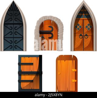 Old medieval doors and gates for castle, church and village. Vector cartoon set of wooden, stone and iron ancient entrances with arch doorway or gothi Stock Vector