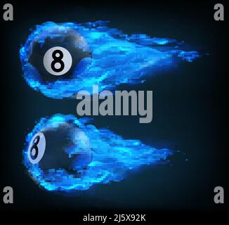 Flying black billiard eight ball in blue fire isolated on black background. Vector realistic pool or snooker ball with number 8 in in plasma flame wit Stock Vector