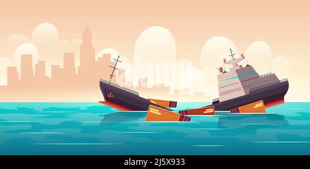 Shipwreck of cargo ship, vessel sinking in ocean with goods containers going under water surface on cityscape background with skyscrapers silhouettes Stock Vector