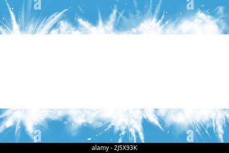 Snow powder white explosion empty horizontal banner on blue background, ice or snowflakes splash clouds border for christmas and new year holidays pro Stock Vector