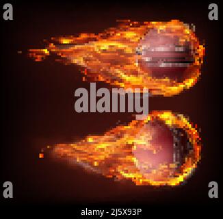 Flying cricket ball in fire isolated on black background. Vector realistic stitched leather ball in flame. Template for poster, banner for the match o Stock Vector