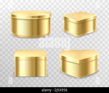 Golden tin boxes for tea, coffee or candies. Vector realistic mockup of round, square and heart shape cans for gift packaging sweets, biscuits isolate Stock Vector