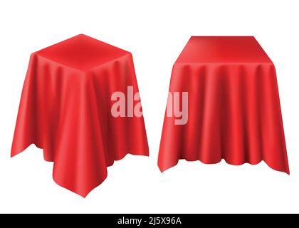 Box covered with red cloth. Vector realistic template of cube hidden under silk veil or curtain for presentation, opening surprise, gift isolated on w Stock Vector