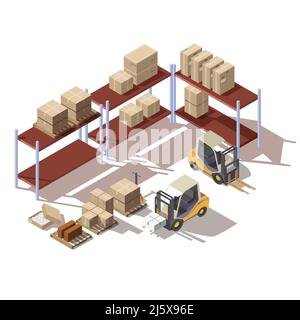 Isometric interior of warehouse with forklift trucks, cardboard package boxes on racks and pallets. Vector equipment for freight logistic, cargo trans Stock Vector