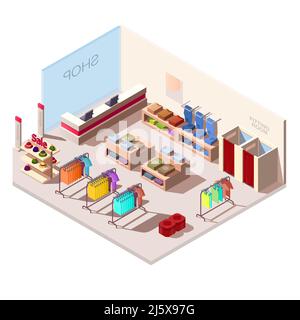 Isometric interior of fashion store in shopping mall. Vector boutique with clothes on rack and hanger, cashbox, dressing room. Retail showroom isolate Stock Vector