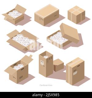 Isometric brown cardboard delivery package boxes open and closed. Vector set of storage boxes with filler for fragile cargo. Goods packaging for posta Stock Vector