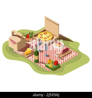 Isometric picnic set of food, pizza box, wine and basket. Fresh meal, fruits, bottle with glasses and tablecloth for dinner or lunch outdoor isolated Stock Vector