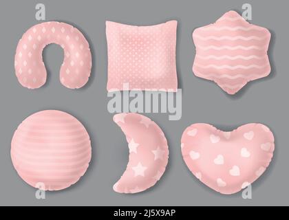 Pink pillows of different shape set isolated on grey background. Round, heart, star, square, moon form orthopedic cushions with cute geometric pattern Stock Vector