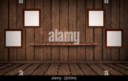 Empty wooden room with bookshelfes and blank picture frames. Vector realistic interior with floor and wall of natural dark wooden boards. Vintage desi Stock Vector