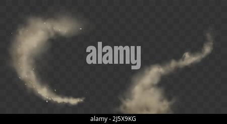 Smoke trails set, vector dirty smog, brown heavy thick dust lines with motes, sand particles isolated on transparent background. Fire, air pollution d Stock Vector