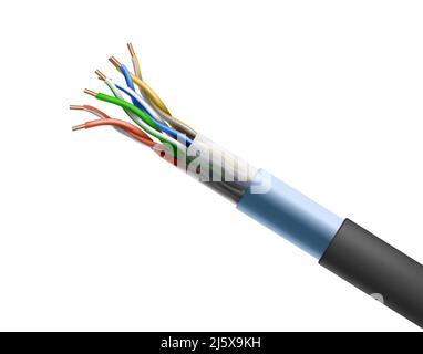 Twisted cable isolated on white background, shielded pair cabling wiring in which conductors of single circuit stranded together for improving electro Stock Vector