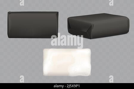 Soap bars set, white lather piece with foam and wrapped in black paper package mock up top and side view isolated on transparent background, hygiene t Stock Vector