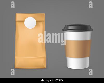 Coffee bag and disposable cup set isolated on grey background, blank plastic mug with cap and holder, paper package for beans advertising design eleme Stock Vector