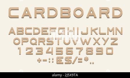 Cardboard font alphabet, numbers and punctuation, sans serif characters of carton paper box texture. Latin abc uppercase letters, brown typeface for p Stock Vector