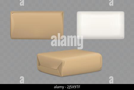 Wrapped parcel package box top and side view, white blank packaging ...