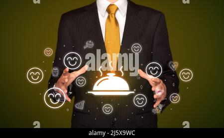 Hand holding food related icons Stock Photo