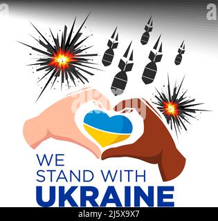 We stand with Ukraine. Worldwide support for Ukraine. Stop war and military attack in Ukraine poster concept. Vector Stock Vector